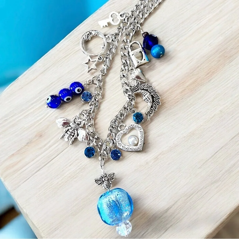 Fun and Pretty Silver and Blue Toned Charm Necklace Vintage and New Charms